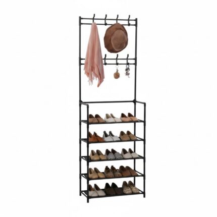 DASCK – Mueble Recibidor con Perchero y Zapatero de 5 Baldas – Negro